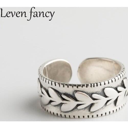 Leven Fancy New Design Leaf Olive Tree Branch Leaves Antique Silver 925 Rings for Girls Women Wedding Retro Eternity Ring