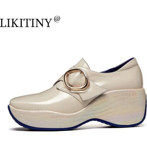 LIKITINY 2021 Fashion Spring Autumn Wedges Women‘s shoes Leisure Comfortable Slip on Genuine leather Metal Decoration Pumps new