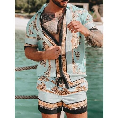 Men Hawaiian shirt Sets Fashion Printing 2021 Summer Short Sleeve Button Shirt + Beach Shorts Casual Mens Suit 2 Pieces