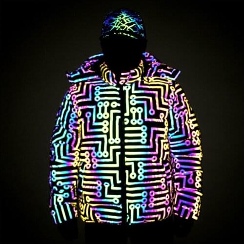 New Reflective Parkas Jacket Men Colorful Circuit Stripe Mezzanine Cotton Fashion Streetwear Trend Thick Warm Clothing Coat