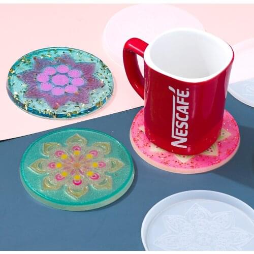 2021 New Epoxy Mold diy Mandala Coaster Silicone Abrasive Mirror Flower Decoration Round Groove Tea Coaster