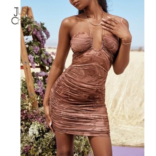 Justchicc Halter Pleated V Neck Party Dress For Women Lace Up Backless Bodycon Dresses Ins Water Wave Pattern Mini Vestidos