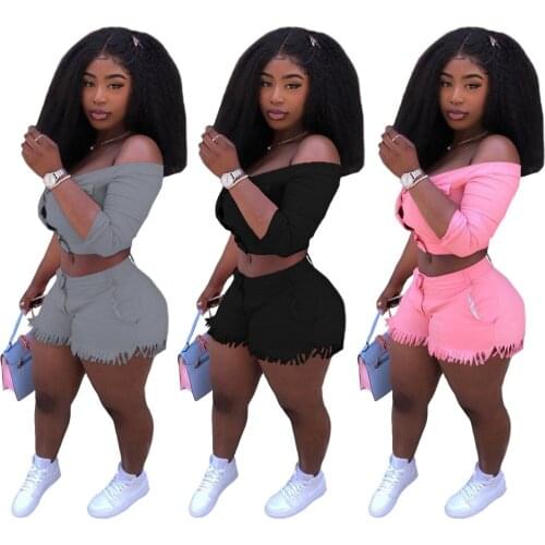 Elastic Hight Material Tracksuit Womens Sets Off Shoulder Long Sleeve Crop Top and Tassels Spliced Biker Short 2 Piece Outfits