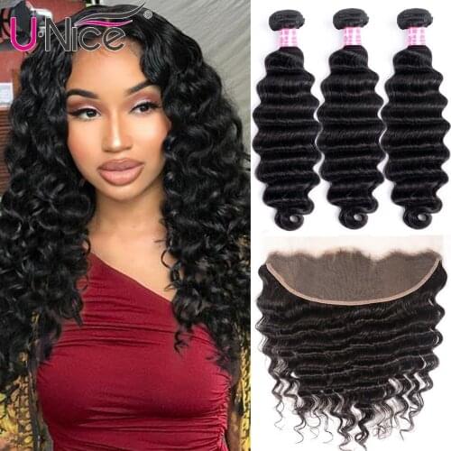 UNice Hair Loose Deep Wave 3/4 Bundles With Frontal Remy Human Hair Weave Bundles With Frontal Brazilian 3 Bundles With Frontal