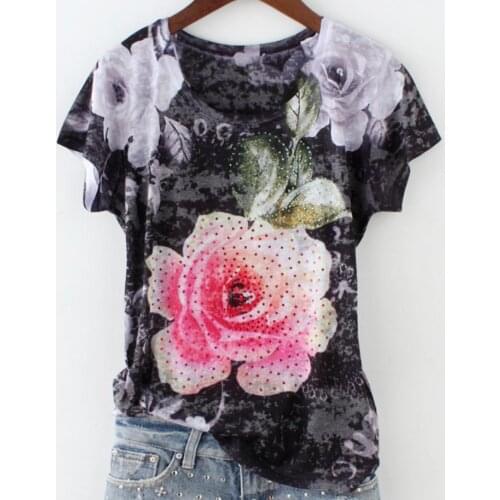 Plus size 5XL!Fashion hot drilling rose double print t shirt women 2020 new arrival short sleeve silk cotton top tees