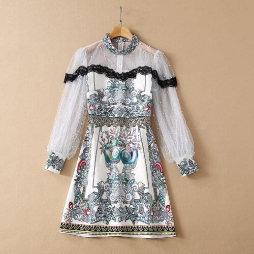 European and American womens clothing spring 2021 new Mesh long sleeves nail beads lace spliced starfish printing Fashion dress