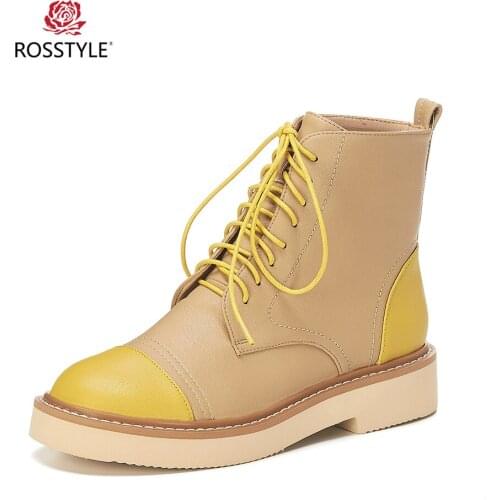 ROSSTYLE Fashion Woman Ankle Boots High Quality Genuine Leather Round Toe Thick Heel Shoes Mixed Color Lace-up Casual Soft Boot