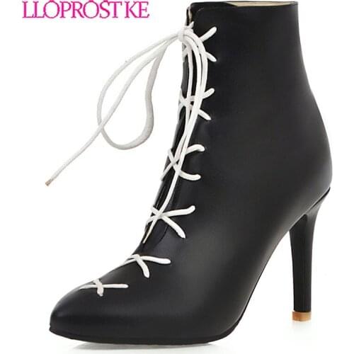 Lloprost ke woman shoes 2019 winter new fashion sexy pointed toe ankle boots outside super high heels cross-tied shoes H606