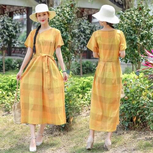 2021 New Arrival Short Sleeve Loose Summer Dress Draw String Sashes Bow Fashion Women Dress Cotton Linen Travel Casual Dress