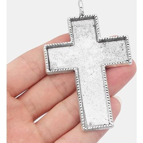 4PCS Antique Cross Shape Christian & Catholic Church Charms Pendants Tray Settings for Necklace Jewelry