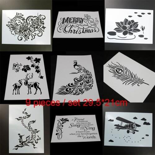 9pcs Peacock Feather Painting Template Stencil Bullet Journal DIY Scrapbook Coloring Embossing Decorative Office School Supplies