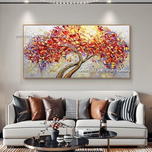 Abstract Orange Golden Tree Canvas Oil Painting Posters 100% Handmade Quadros Art Picture For Living Room Home Decor Cuadros