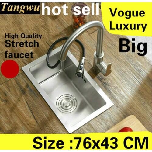 Free shipping Apartment big kitchen manual sink single trough high quality stretch faucet 304 stainless steel hot sell 76x43 CM