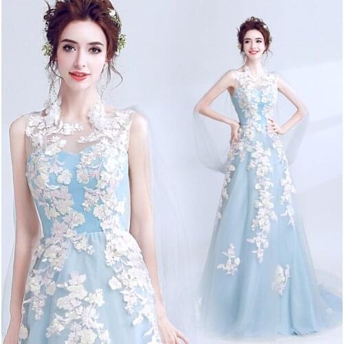 Long fairy sky blue sweat lady girl women princess bridesmaid banquet party dress gown free shipping