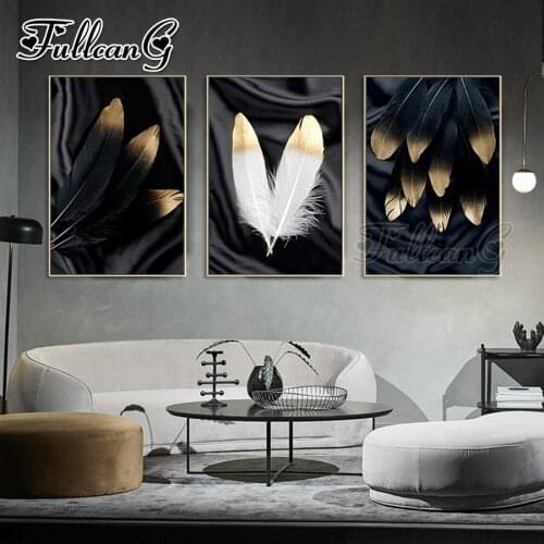 FULLCANG 5d diy diamond embroidery black and white feathers diamond painting triptych full square round drill decoration FC3439