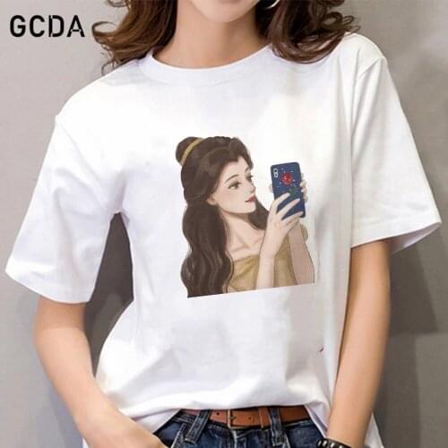 Disney Cartoon Beauty and The Beast Belle Princess Selfie Tshirt Tops Women T-shirts Hip Hop Streetwear Harajuku Tshirt