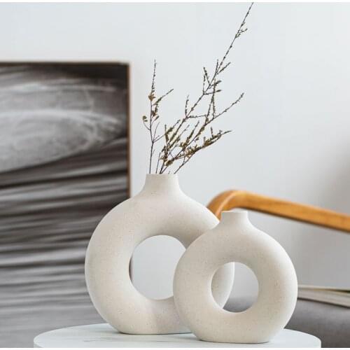 Nordic Ceramic Rustic Vase White Circular Hollow Flower Pot Office Desk Living Room Interior Decor Home Decoration Accessories