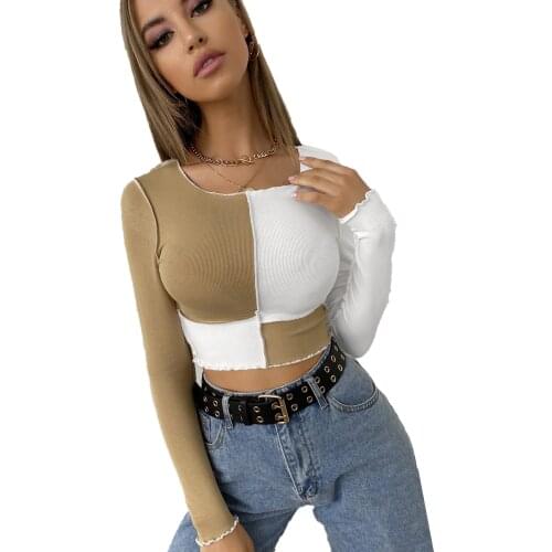 Cut and Sew Stitch Trim Long Sleeve Patchwork Ribbed Knit Slim Fit Crop Tee