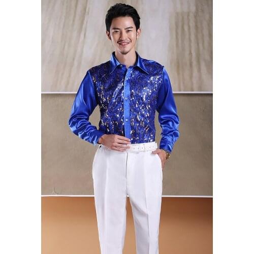 Mens long-sleeved slim sequined casual shirts stage costume art evening host dance performance chorus shirt dress tops new