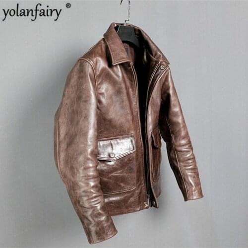2020 Vintage Genuine Leather Jacket Men Real Horsehide Leather Coat Spring Autumn Motorcycle Luxury Jackets Erkek Mont KJ4170