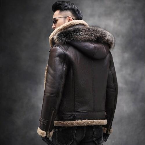 Winter Genuine Leather Jacket Men Natural Sheep Fur Coat Shearling Motorcycle Jacket Raccoon Fur Collar RSJM1025 KJ3821