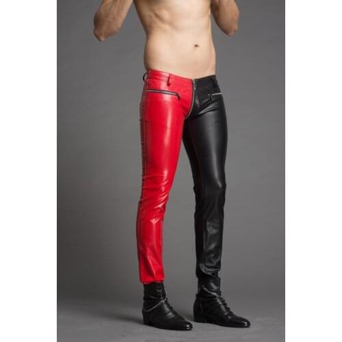 Mens Slim Pants Fashion Personality Red And Black Color Matching Sexy Tight-fitting Leather Pants Zipper Plus Size Men Trousers