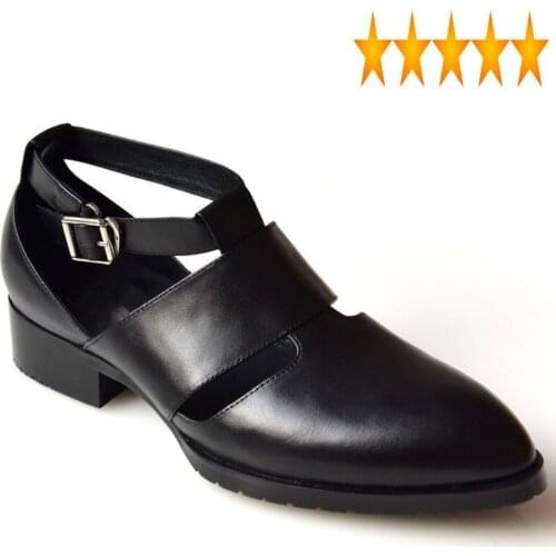 Mens Hollow Out Pointed Fashion Toe Buckle Genuine Sandals Block Heels Men Rome Gladiator Leather Shoes