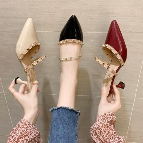 Solid Leather Slippers Women Shoes Woman Mules 2020 New Summer Rivet Casual Shoes Thin High Heels Pointed Toe Sexy Ladies Shoes