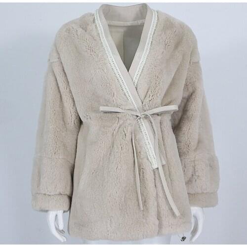 OFTBUY 2021 Winter Jacket Women Real Fur Coat Rex Rabbit Fur Belt Pearl Genuine Leather Thick Warm V Neck Streetwear Outerwear