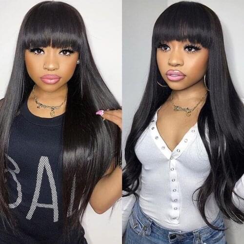 100% Human Hair Wigs With Bangs Full Machine Made Wigs Cheap Straight Natural Black Malaysian Remy Wigs With Bang For Women