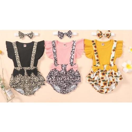 Baby Girls Casual Clothing Three Piece Suit Fresh Solid Color Fly Sleeve T-shirt and Print Suspender Shorts with Headband