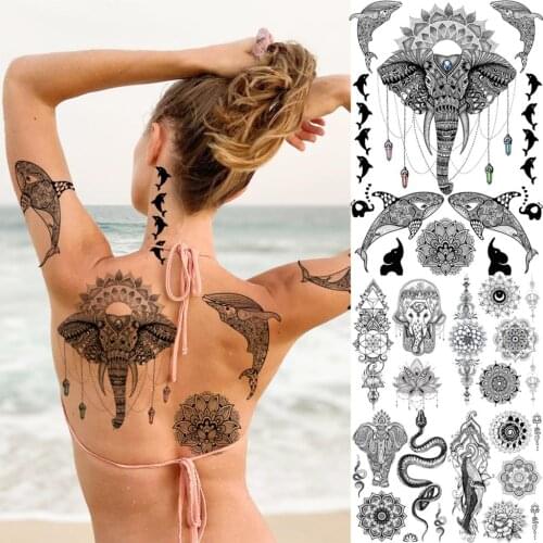 Realistic Henna Whale Elephant Whale Back Temporary Tattoos For Women Adult Lace Snake Fake Tattoo Sticker Washable Tatoos