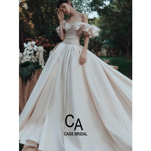 Allure 2021 wedding dress plus size off the shoulder sleeves ruffles satin zipper up Chapel Train Ruched pleats bodice corset