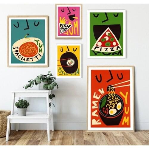 Funny Food Cartoon Poster Coffee Pizza Noodle Sushi Burger Print Canvas Painting Club Bar Shop Kitchen Wall Picture Decoration