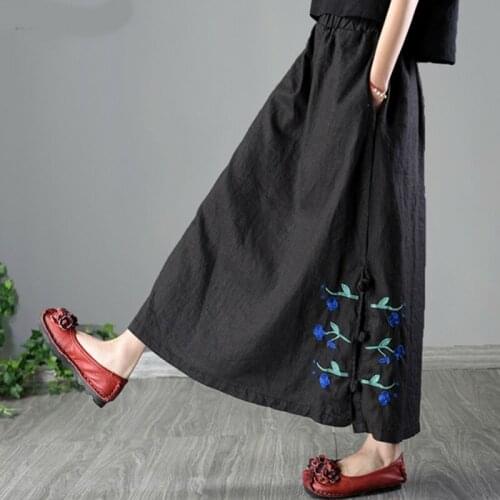 2020 New Cotton Linen Embroidery Women Skirt Ethnic Style High Waist Loose Skirts Womens Vintage Midi Mori Girl Skirts 11741