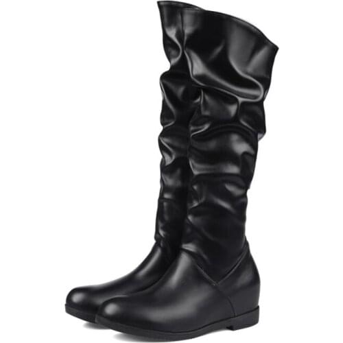 Women Leather Mid Calf Boots Casual Slip on Autumn Winter Wedge Long Boots Fashion Pleated Round Toe Black High Boots Female 505