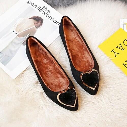 Flock pointed toe moccasins women metal heart fur shallow loafers mink fur plush warm cotton shoes plus size lady flats footwear