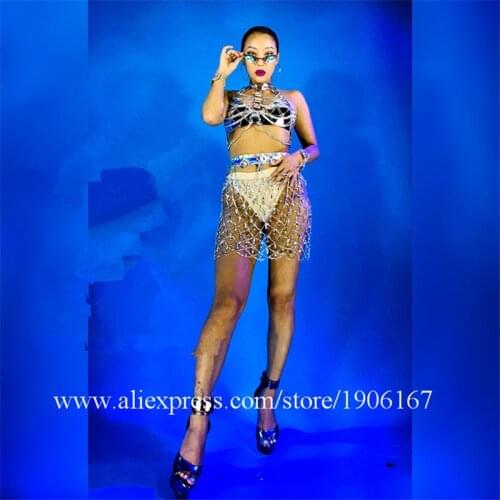 Nightclub Female Rhinestone Chain Bikini Suit With Glasses Sexy Lady Dance Team Costume Stage Performance Ballroom Clothes