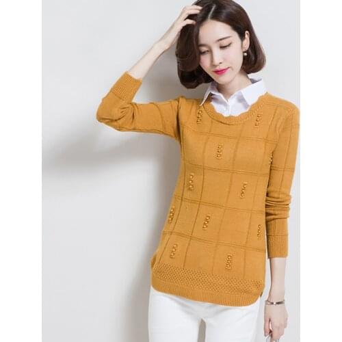 Women Knit Pullover Sweater 2018 New Fashion Fake Two Shirt Collar Sweaters Slim Plus Size Female Clothes Casual Tops 6 colors