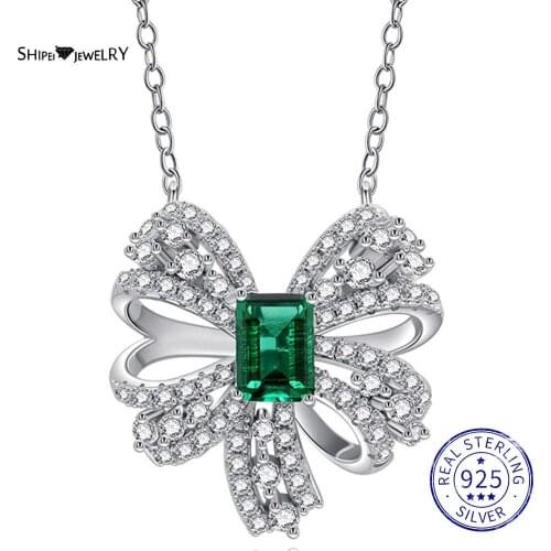 Shipei 925 Sterling Silver Emerald Bowknot Diamonds Created Moissanite Vintage Wedding Fine Jewelry Engagement Pendant Necklace