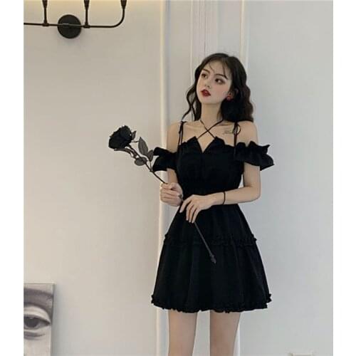 Women dress demon girl original black spring summer 2021 sexy high waist femme dress shoulderShort sleeve crossgothic dress