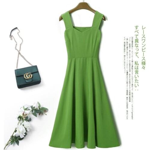 2021 Women Summer New Loose A-Line Mid-calf Length Dress Female Vintage Elegant Solid Color V-neck Sleeveless Straps Dress L130