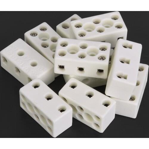 10pcs AC/DC 3 Way 24A Ceramic Terminal Block Wire Connector High Temperature Resistant Cable Terminal