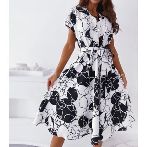 2021 Summer Shirt Dresses Fashion Lady Vintage Loose Casual Floral Printed Belt Dress Women Boho Short Sleeve Elegant Dress Robe