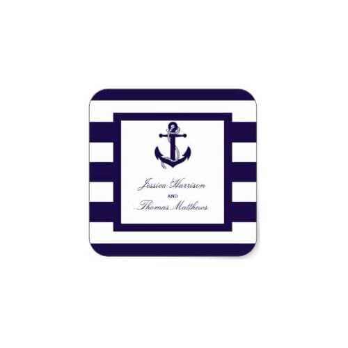 3.8cm The Nautical Anchor Navy Stripe Wedding Collection Square Sticker