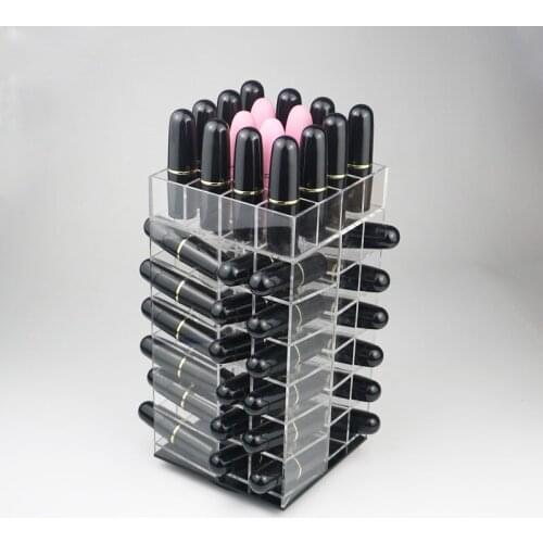 Acrylic 64 Slots Lipstick Storage Rack Clear/Black Ground Lip Gross Organizer Lipstick Standing Display Shelf Rotating Storage
