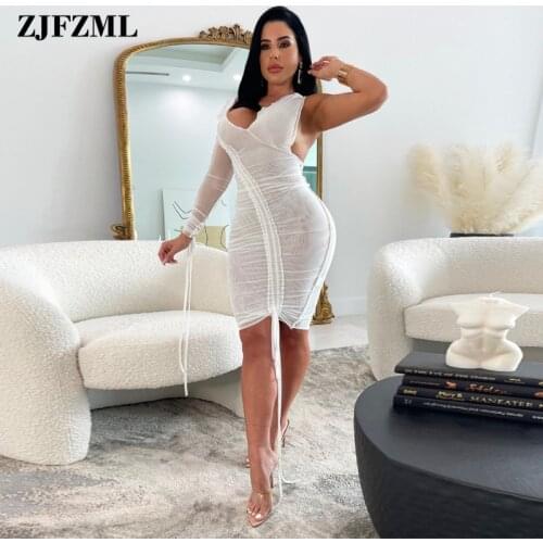 White Ruched Drawstring Sexy Wrap Dresses Women Single Full Sleeve Deep V Neck Bodycon Dress Elegant Backless Irregular Vestidos