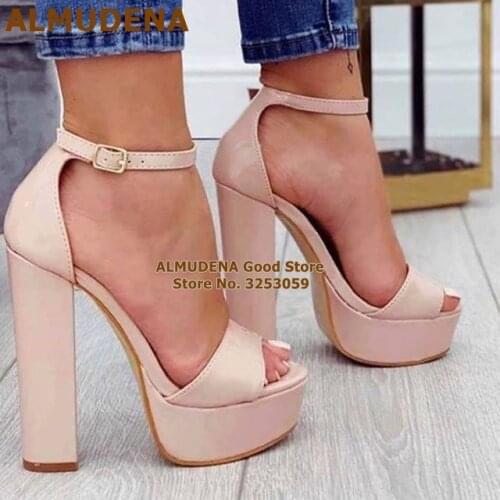 ALMUDENA Nude Patent Leather Chunky Heels High Platform Buckle Strap Gladiator Sandals Open Toe Celebrity Dress Shoes Size52