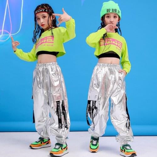 Kids Green Sweatshirt Top Crop Silver Casual Pants For Girls Hip Hop Clothing Child Jazz Dance Costume Ballroom Dancing Clothes