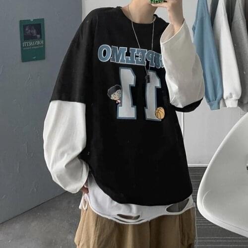 Cartoon T-Shirt Male Casual Spring Loose Patchwork Tops Tee Cool Couple Long Sleeve Men Fashion Japan Tshirt Streetwear Boys